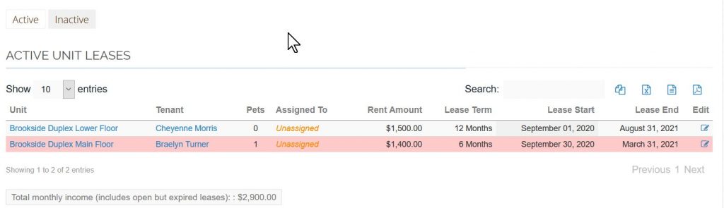 Active leases for specified building