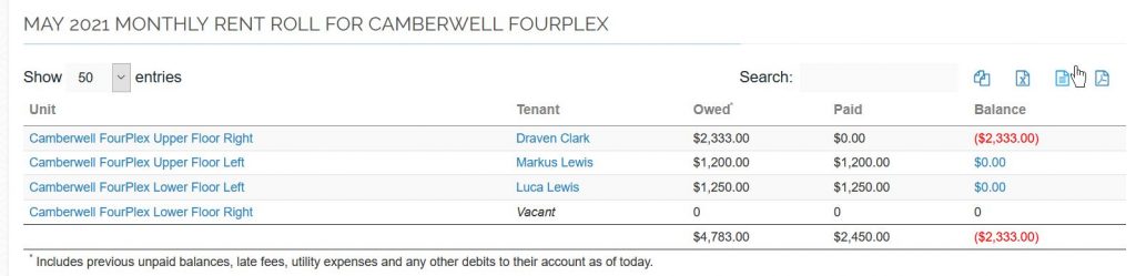 Rent Roll for specified building